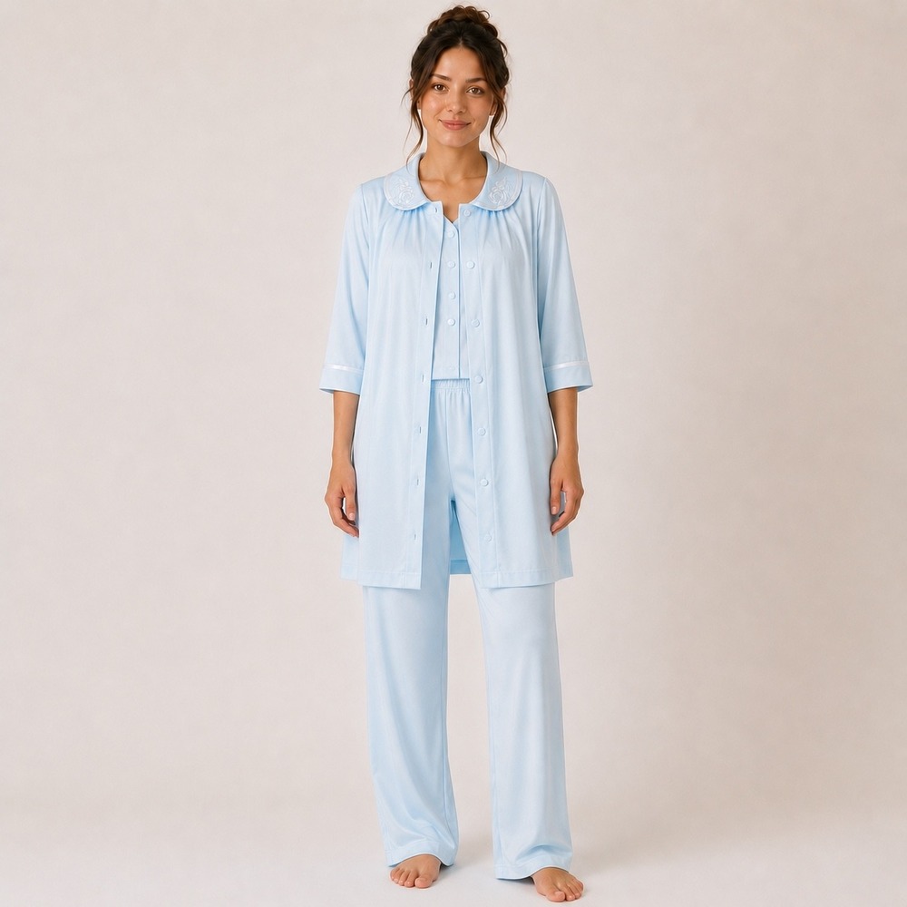 Vintage 60s Gossard Artemis 3 Pc Pajama Robe Set Petite 32 Blue Nylon USA